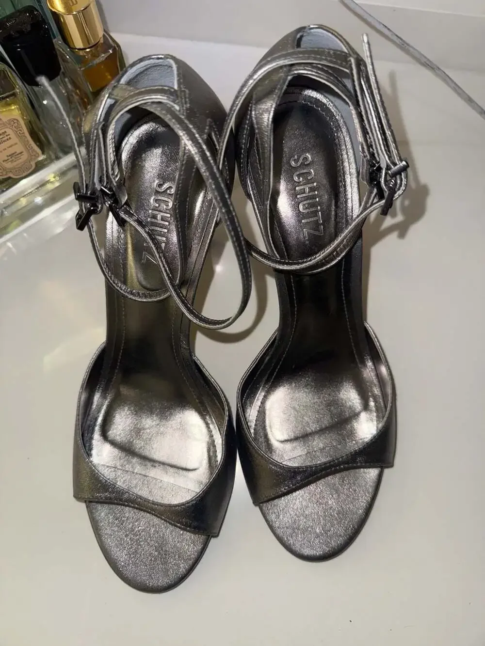 Schutz Metallic Silver Ankle Strap Stiletto Heels Size 9.5B